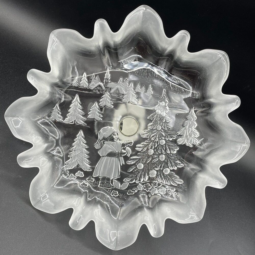 Mikasa Crystal Ruffle Edge Frosted Glass Christmas Pedestal Cookie Platter Dish
